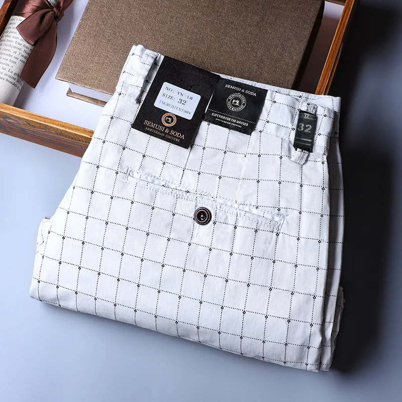 WhiteSummerPlaidPantsMenKoreaStyleRegularFitOfficeSuitPants