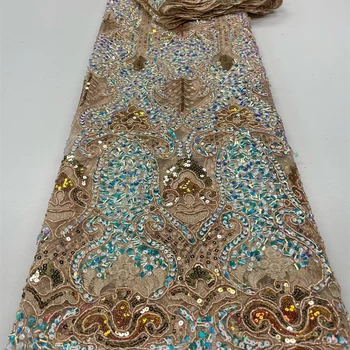 최신 아프리카 시퀀스 레이스 원단, 고품질 스팽글 자수, 프랑스 얇은 명주 그물, 나이지리아 웨딩 아소에비 소재, 2.5 야드 RC154