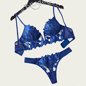 Sous-vêtements sexy pour femmes, soutien-gorge push-up avec anneau en acier, ensemble de lingerie en tulle brodé, lingerie érotique, tenues intimes en dentelle