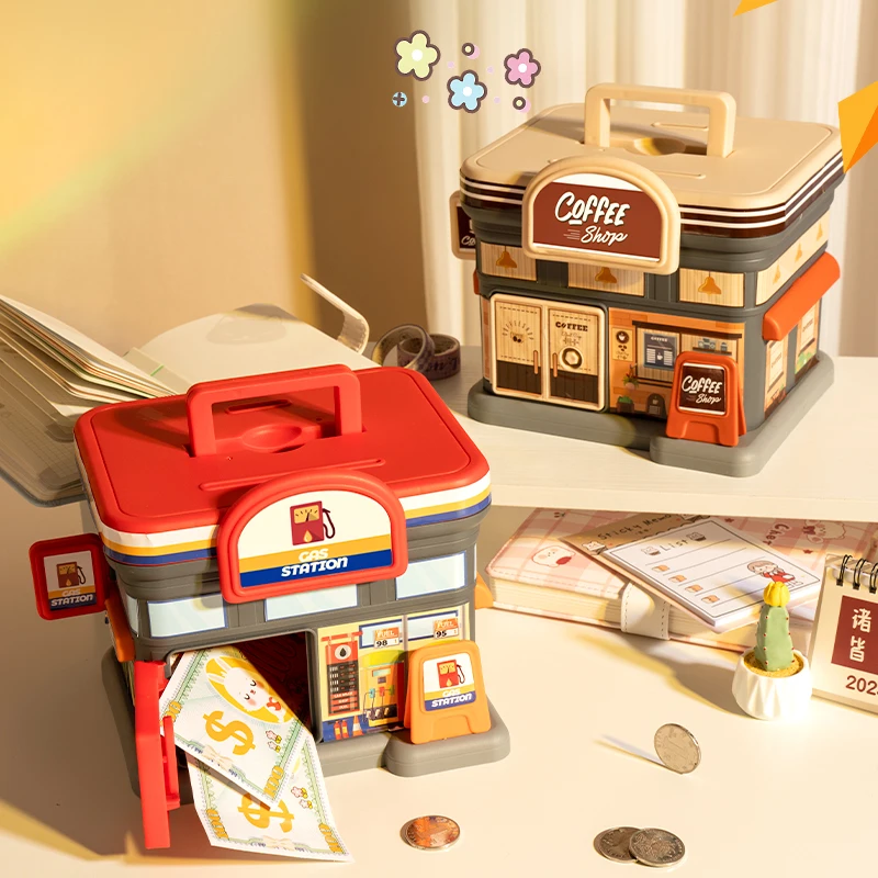 Coffee house piggy bank, convenience store, gas station optional, key to open the door, large capacity to save money, boys and g