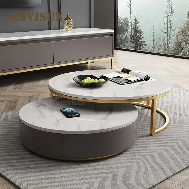 

Classic Luxury Round Marble Living Room Storage Side Table Set Simple Small Apartment Tv Cabinet Post-Modern Tv Furniture