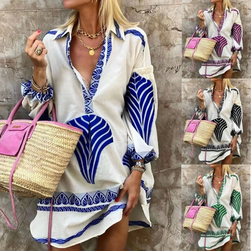 

2024 Europe United States Lady Blouses spring and summer new casual long section shirt INS loose vacation open tops female