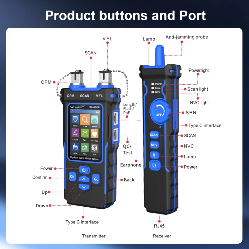 Noyafa NF-8508 Network Cable Tester with OPM VFL PoE Digital LCD Display Cable Tracker RJ11 RJ45 Line Finder Network Tools network cable tester