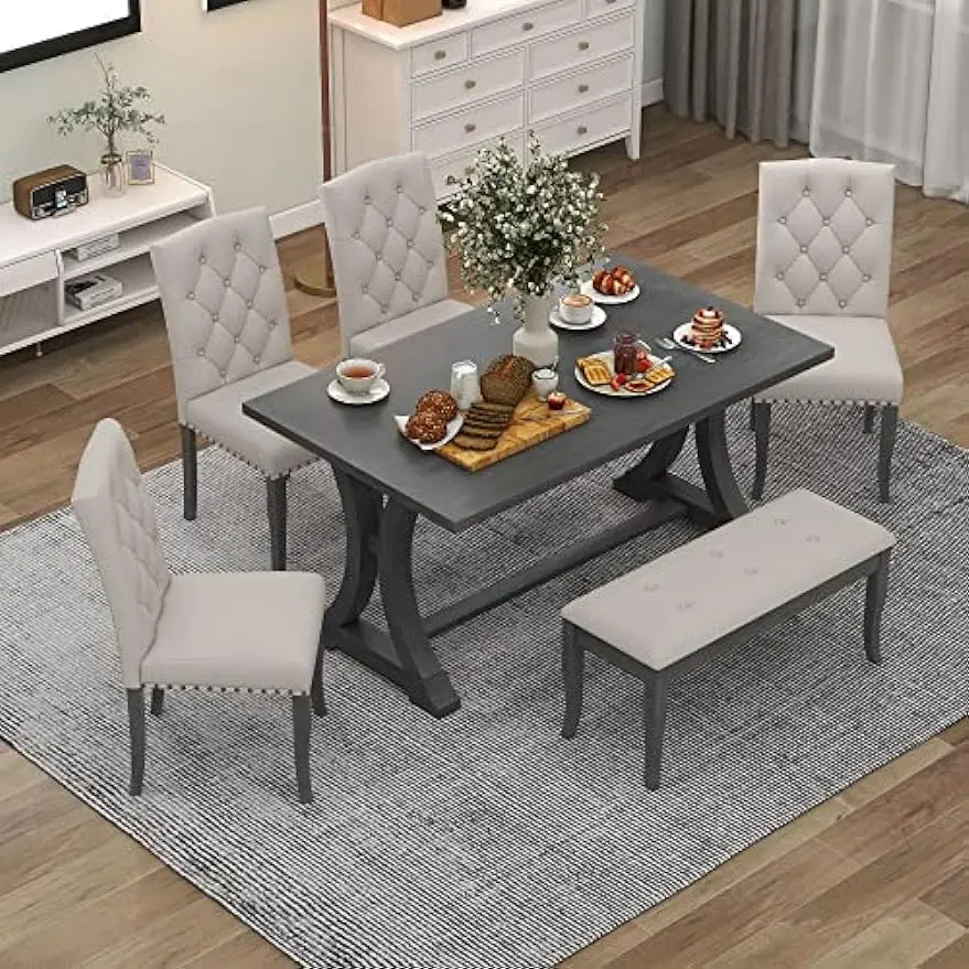 

6-Piece Wood Rectangular Table, Dining Room Set with 4 Upholstered Chairs and Bench, Antique Gray