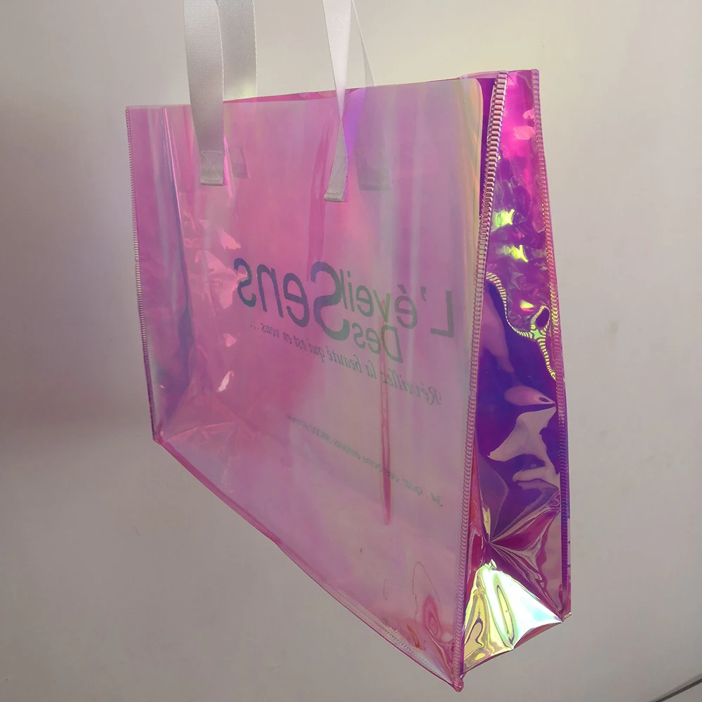 도매 200pcs/사용자 정의 로고 레이저 홀로그램 무지개 빛깔의 PVC 토트 백 럭셔리 패션 비치 쇼핑 토트 백 방수 가방