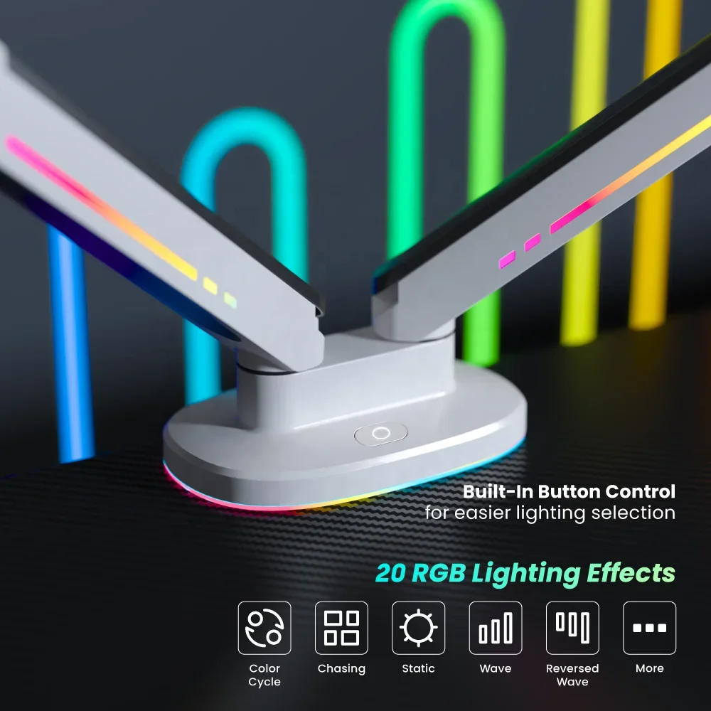 LDT54-C024L 기계식 용수철 RGB 조명 게임용 듀얼 모니터 암 스탠드, 최고의 스탠딩 컴퓨터, 32 인치 모니터 마운트 데스크 마운트