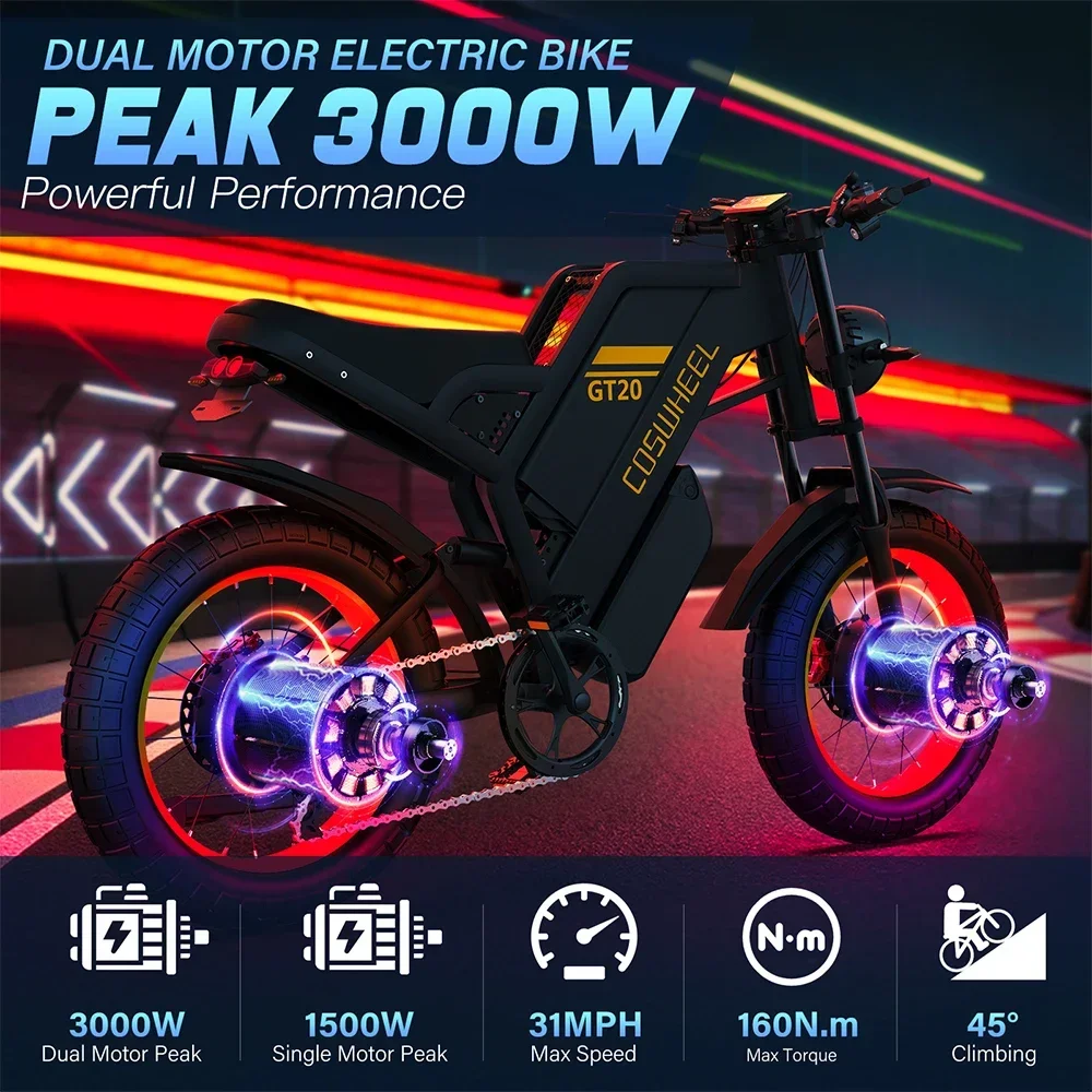 Electric Motorcycle Coswheel GT20 Pro 3000W Motor 48V 40AH Max 145 Miles Fat Tire Mountain Electric Bike Adult Off-Road bicycle