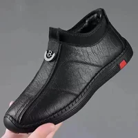 Men's Casual Leather Shoes Lightweight Non-Slip Soft Bottom Slip-On Fleece Lined Warm Driving Slip-On Shoes Breathable Summer
