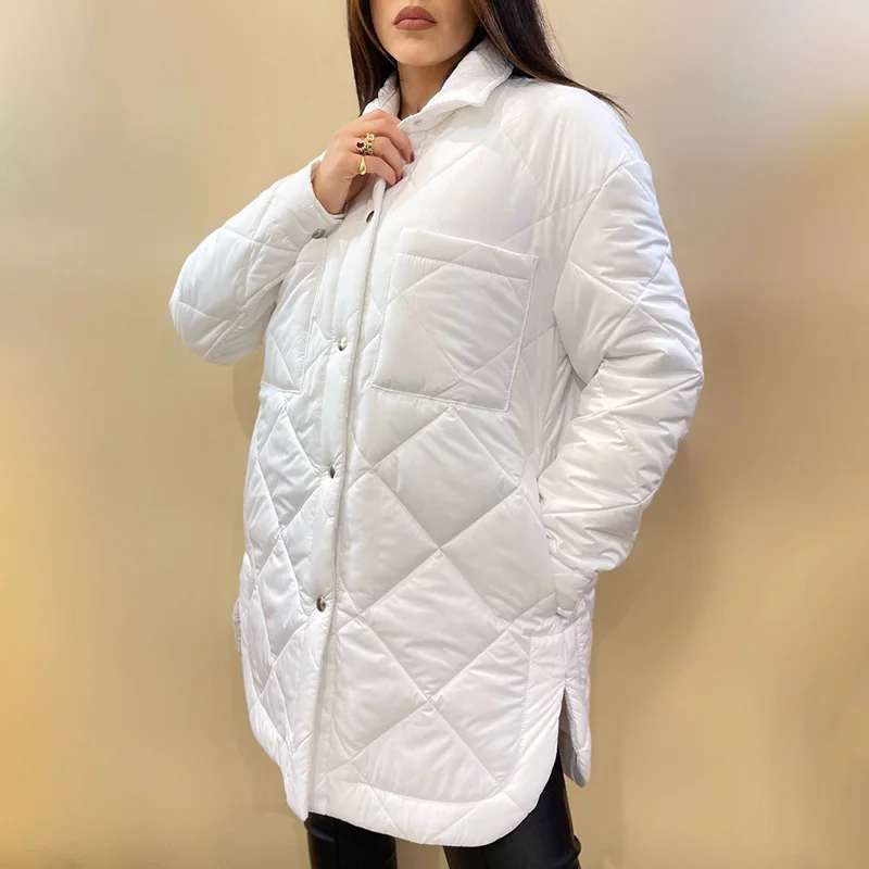 Fashion Cotton Midi Jacket Female Ladies Women Elegant Turn Down Collar Solid Front Buttons Parkas Fashion Simple Argyle Coat