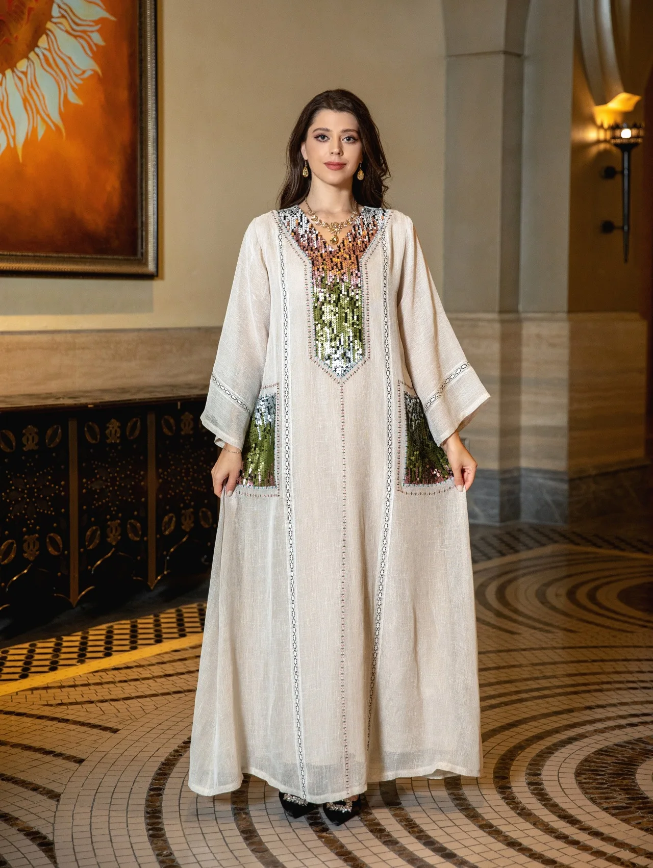 Festival Evening Party Mesh Embroidered Sequins Robe Abaya Dress for Arab Turkey Dubai Middle Eastern Women. main image 1