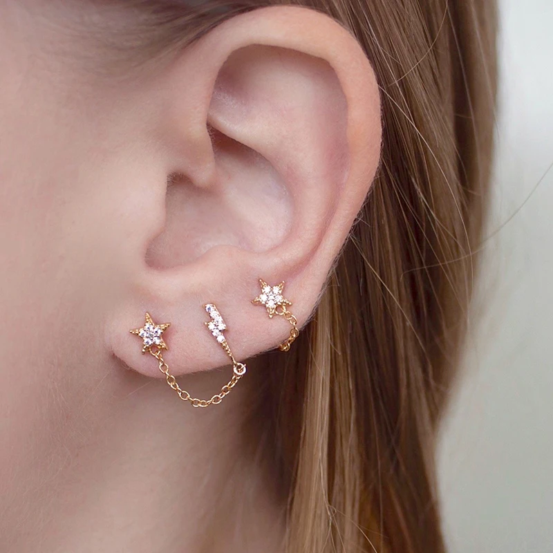 925 Sterling Silver Needle Hoop Earrings Double Circle Cubic Zirconia Tassel Chain Cartilage Earring Piercing 1pc Luxury Jewelry silver earrings silver hoop earrings silver needle earrings