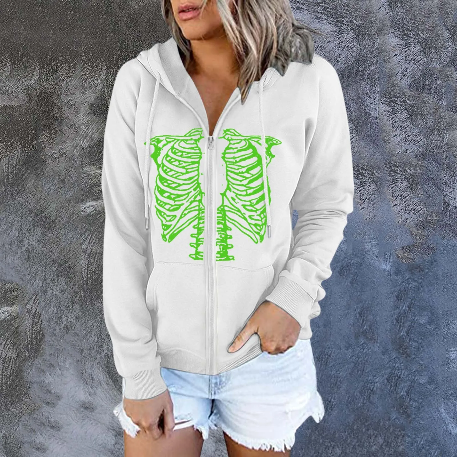 

Skeleton Print Zip Up Hoodies Women Black Gothic Oversize KoreanSweatshirts Outwear Loose Pockets Drawstring Hooded Tops Coats