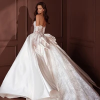 Sexy Strapless Backless Bride Robe Classic Lace Bow Wedding Dress Graceful Satin Ball Gown Bridal Gown Customized Robe De Mariée 2