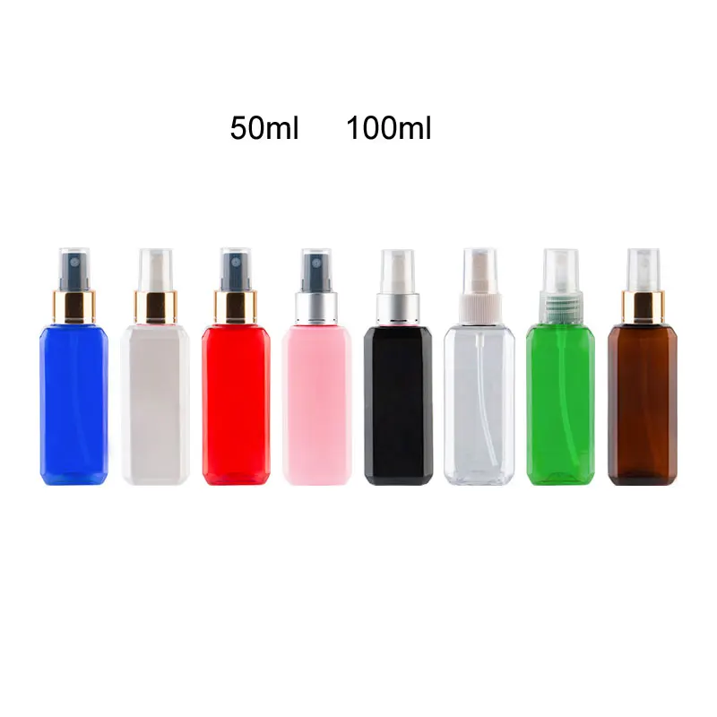 

50ml 100ml X 50PC Empty Square Plastic Bottle With Silver Gold Alu. Mist Spray Perfume Pump Cosmetic Packaging Container Clear