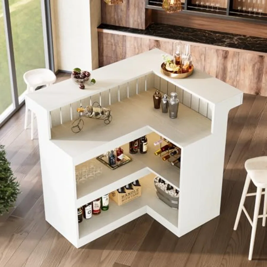 L-Shaped Home Bar Unit 4-Tier Corner Liquor Bar Table with Storage Shelves and Wine Glasses Holder Industrial Wine Cabinet Rece