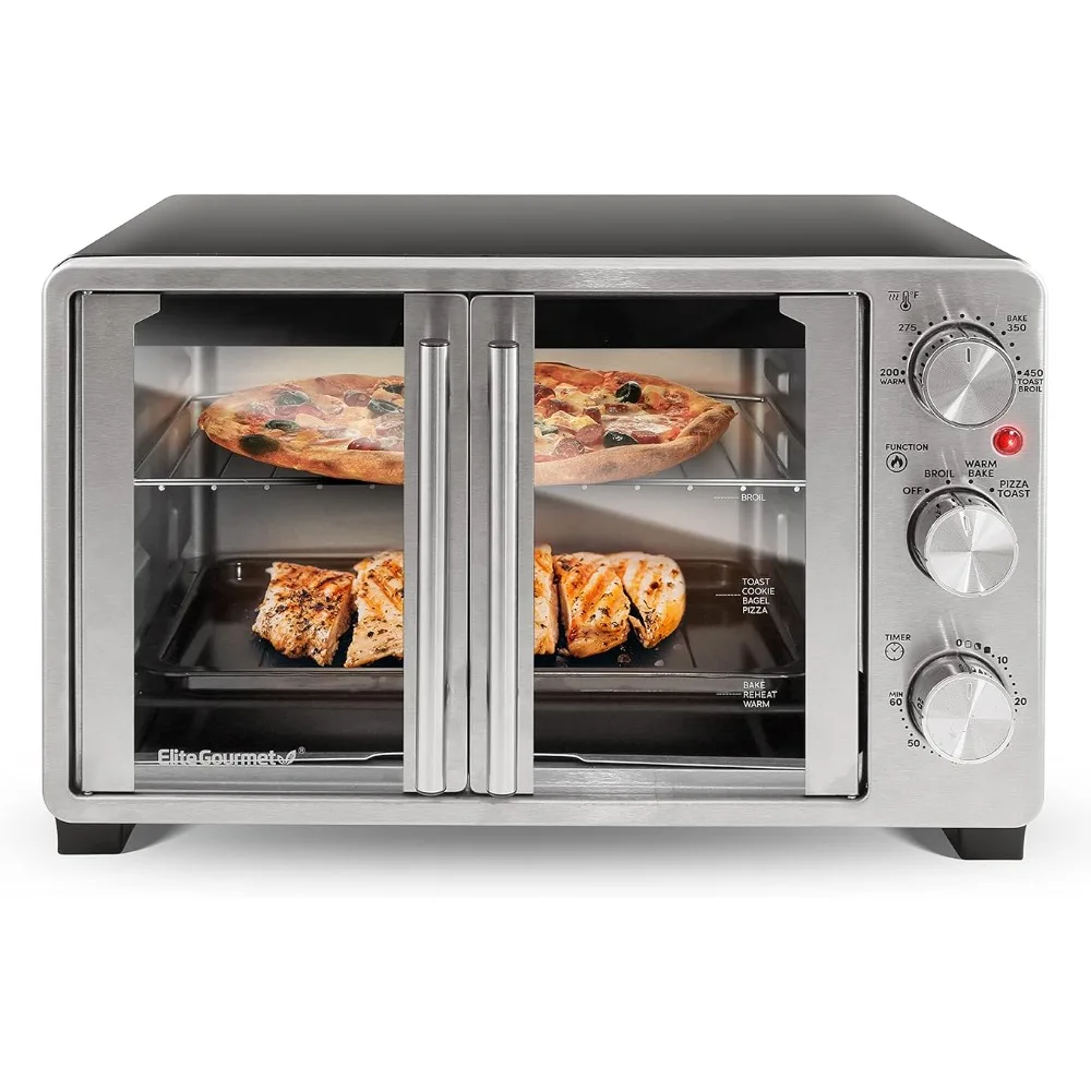 New Elite Gourmet Double French Door Countertop Toaster Oven,Broil, Keep Warm, 25L/45L capacity, Stainless Steel & Black new elite gourmet double french door countertop toaster oven broil keep warm 25l 45l capacity stainless steel