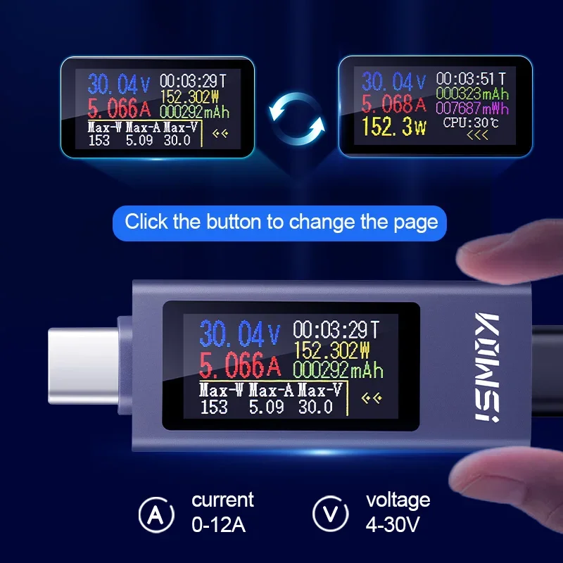Type-C Tester Multi-function Digital Display DC Voltage Ammeter Power Meter Cell Phone Charging Tester Bank Charger Indicator