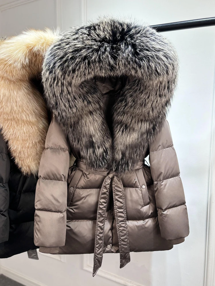 2025 Luxury Winter Large Natural Silver Fox Fur Hooded 90% Goose Down Jacket Women Thickened Warm Coat Waterproof Belted Parkas