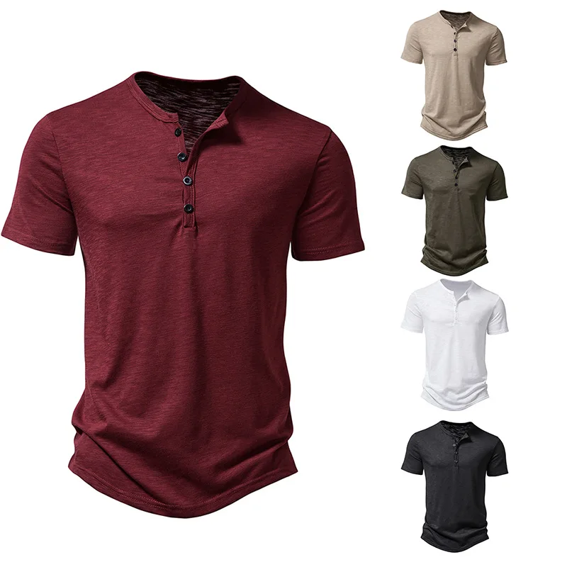 2023 Nieuwe Europese En Amerikaanse Heren Solid Henley Hals Poloshirt Heren Modieus Casual Losse Korte Mouwen T-Shirt