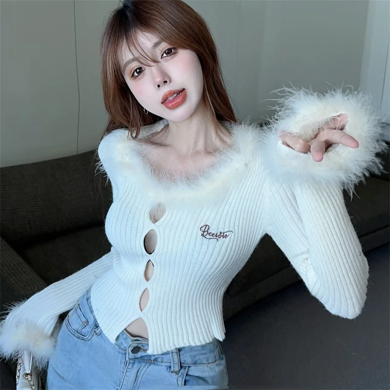 

Gentle Style Top Hollow-out Design Niche Waist-Tight Embroidered Knitwear Women's Autumn Short Inner Long-Sleeved Bottoming