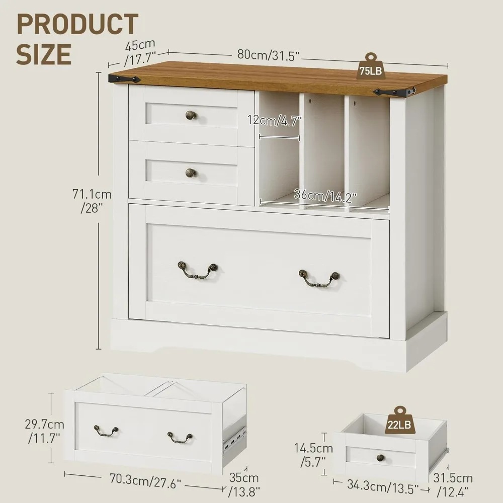 farmhouse file cabinet for home office, lateral filing cabinet with 3 drawers & folder organizer, office storage cabinet for a4
