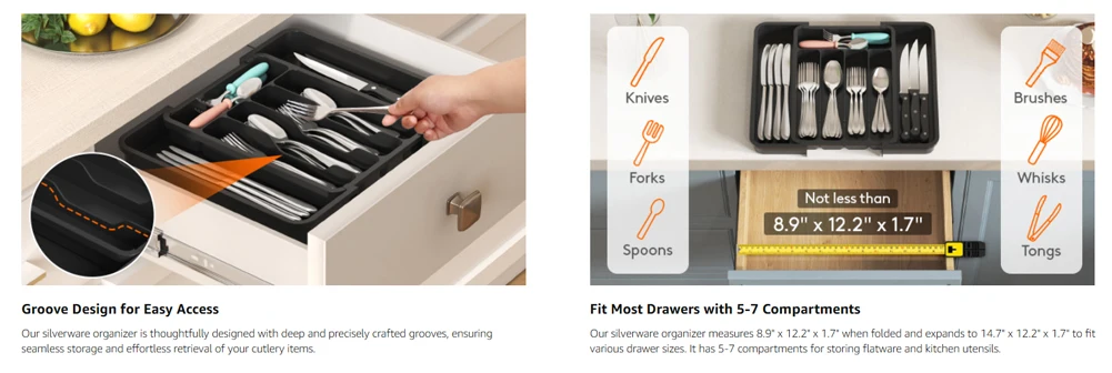 8 Grids Adjustable Kitchen Storage Organizer Tray – Plastic Multifunctional Drawer Organizer for Kitchen Counter Utensils