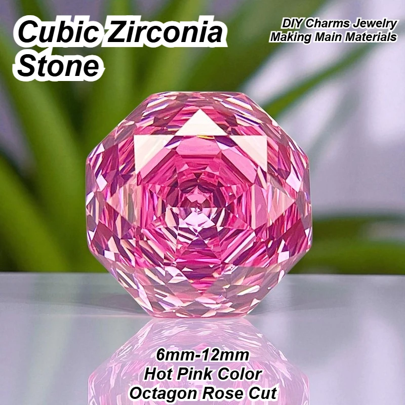 Kubischer Zirkonia-Stein, achteckiger Rosenschliff, leuchtend pink, lose Steine, 6 mm–12 mm, für DIY-Schmuckherstellung, Hauptmaterialien