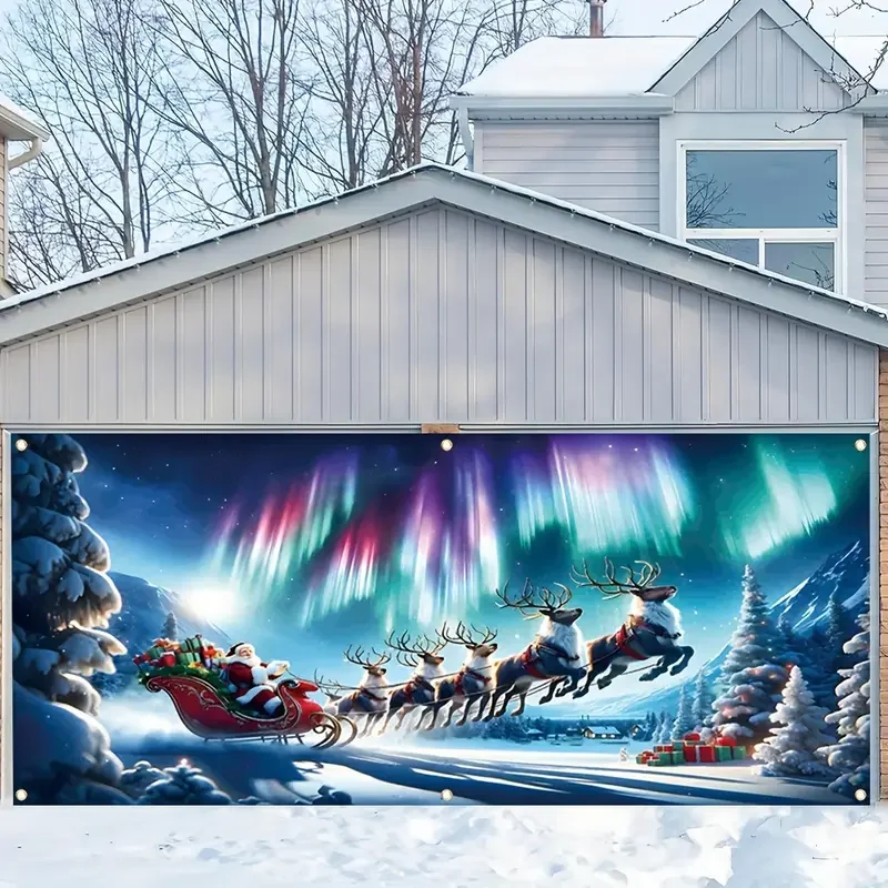 VIKAMA Winter Weihnachten Garagentor Dekoration Banner Schnee Nacht