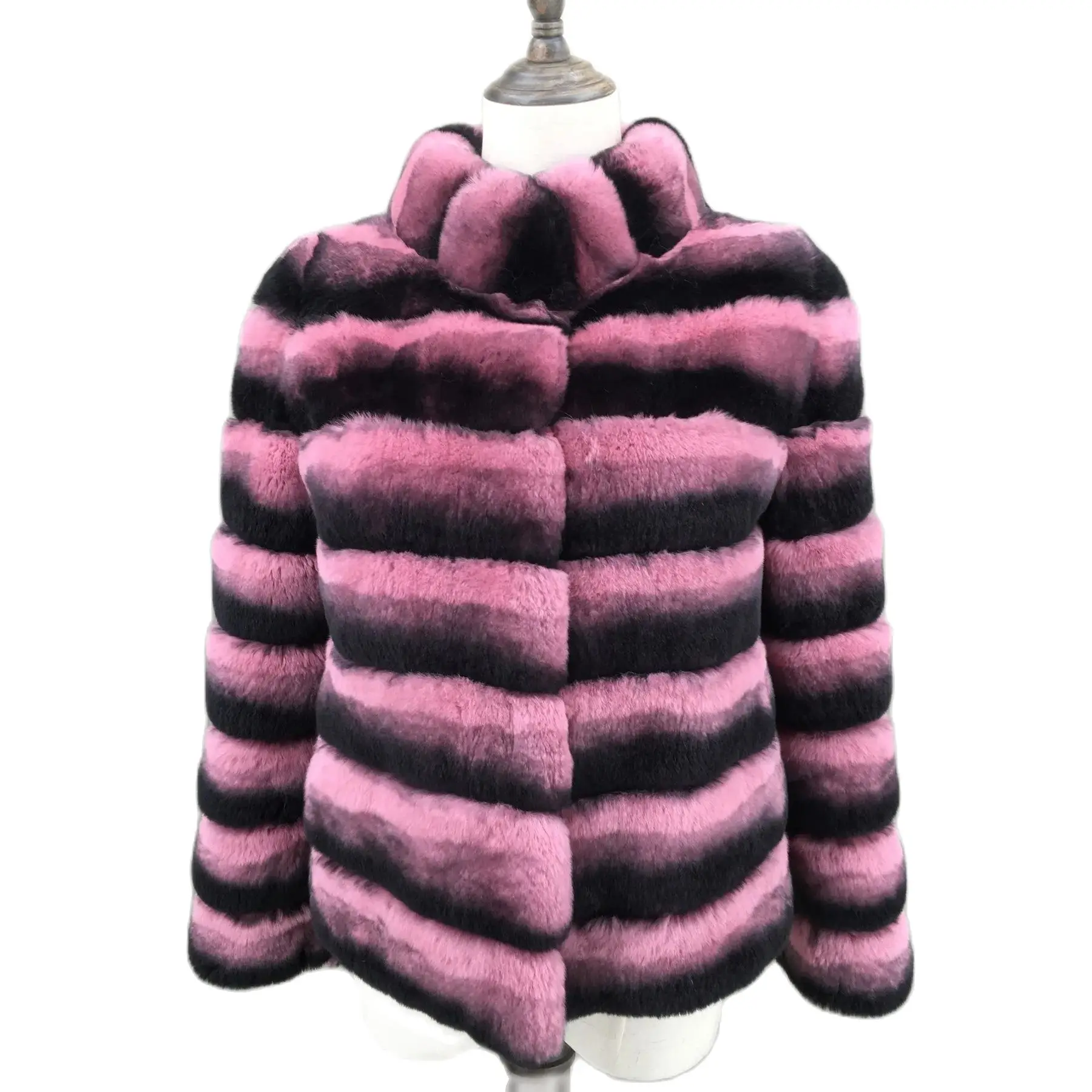 

Real Rex Rabbit Fur Coat With Stand Collar Chinchilla Stripe Winter Furry Luxurious Purple Brown 220605 jacket length 55 cm