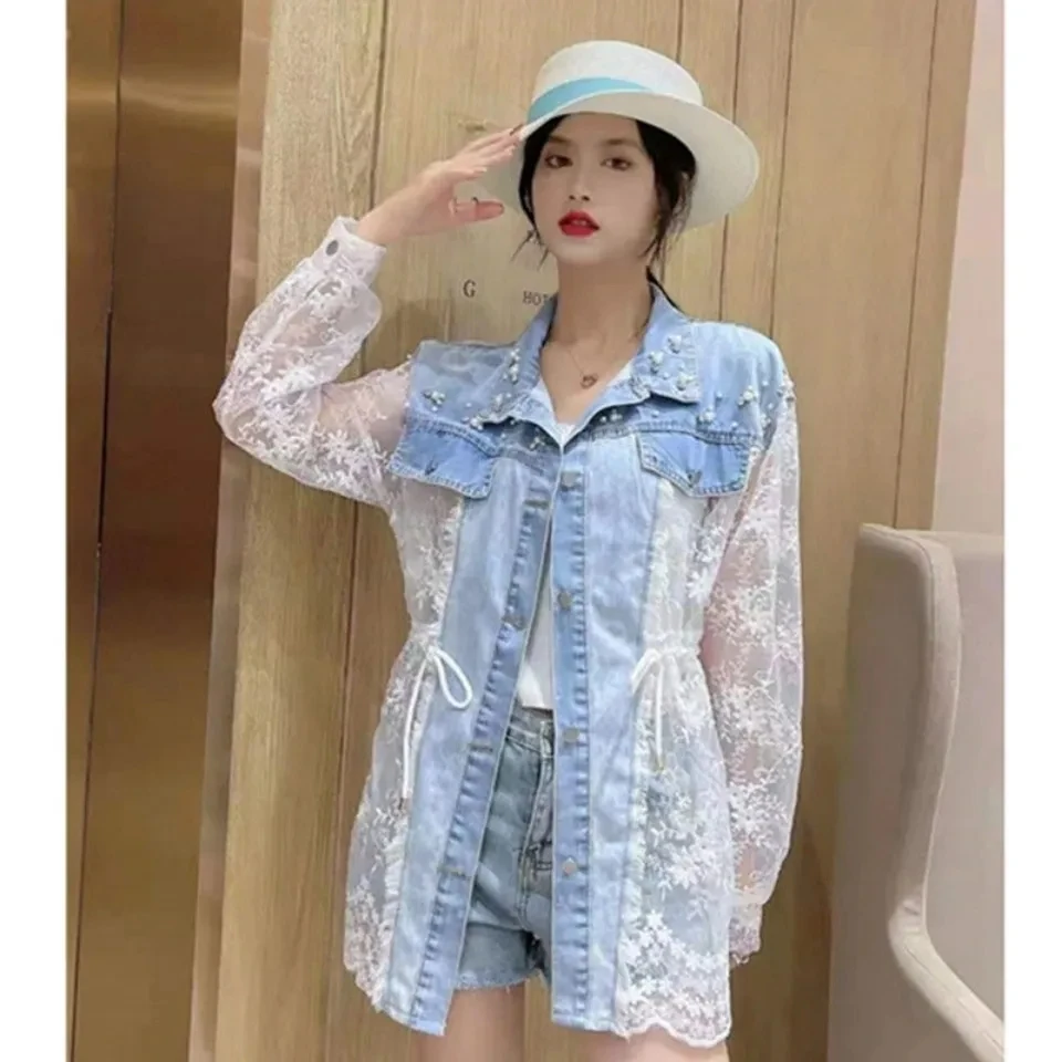 

Summer Beaded Denim Stitching Beaded Coat Lace Spliced Crocheted Sunscreen Pearls Bomber Jacket Jeans Cardigan Hollow Tops 2022