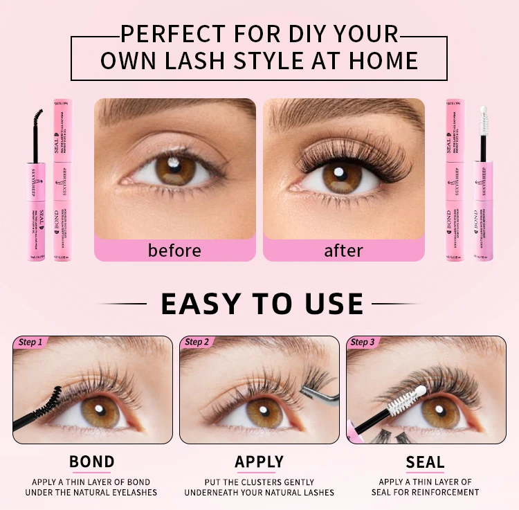 Eyelash Glue and Seal for Eyelash Clusters Strong Fixed  Eyelash Glue Lasting 48H 2 in 1(5ml Black Glue + 5ml Clear Seal) 6