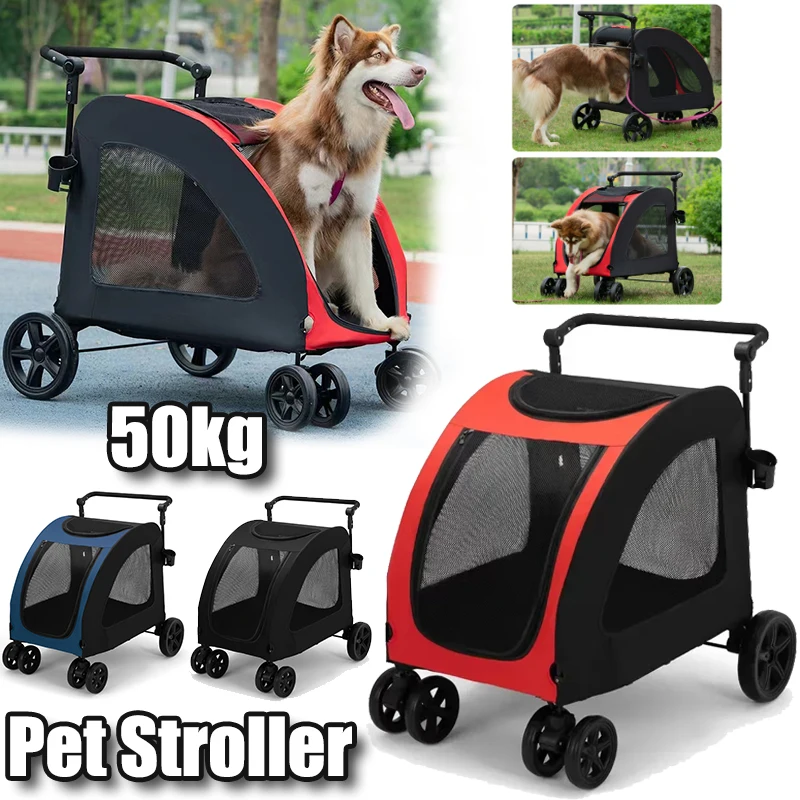 Foldable Large Dog Pet Stroller Large Space Breathable Mesh Dog and Cat Stroller for 50KG Walking Transport Car