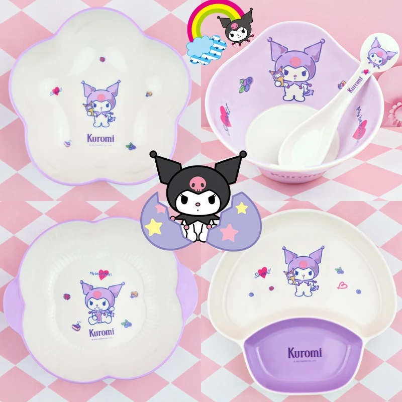 

Детская посуда Sanrio Kuromi, милая мультяшная посуда, тарелка в форме сердца, ложка, Детская столовая, оптовая продажа, аниме фигурка, защита от падения