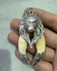 Chinese Collection Teeth Inlaid Tibetan Silver Wolf Head Pendant Amulet 1