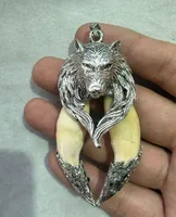 Chinese Collection Teeth Inlaid Tibetan Silver Wolf Head Pendant Amulet 1