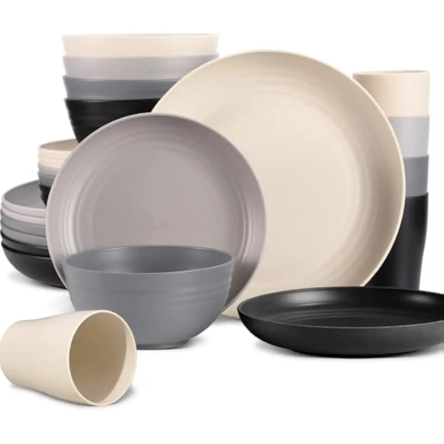 Wheat Straw Dinnerware Sets, 32Pcs Plastic Plates and Bowls Sets for 8, Unbreakable Reusable Wheat Straw Bowls Plates Cups Dishe