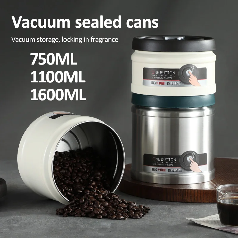 Coffee Bean Tank 750/1100/1600ML Stainless Steel Grain Tea Nut Keep Fresh Storage Box Kitchen Airtight Sealed