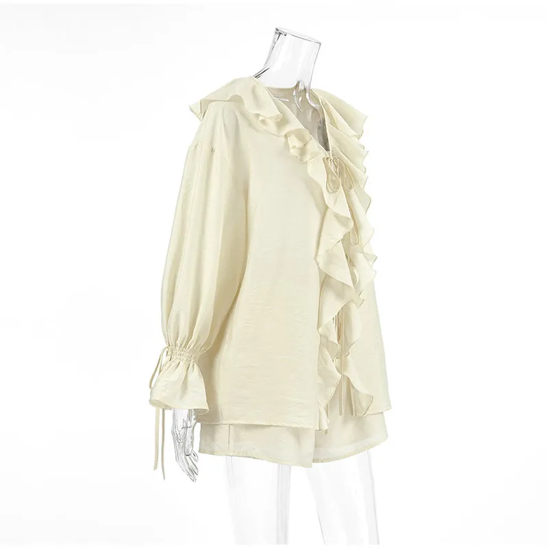 Conjunto de 2 piezas de pantalones cortos holgados con volantes para mujer, cuello en V, camisas caladas, pantalones cortos de pierna ancha, traje blanco para primavera y verano 2025.