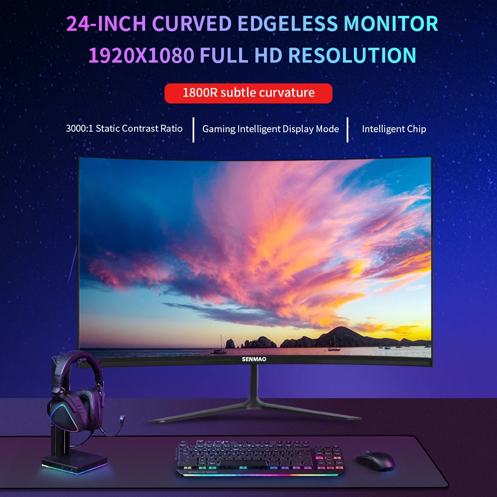 SENMAO Ips LCD 디스플레이 PC 게이머 모니터, HD 데스크탑 게이밍 컴퓨터 화면, HDMI 1800R 곡선 데스크탑 화면, 75Hz, 24 인치 