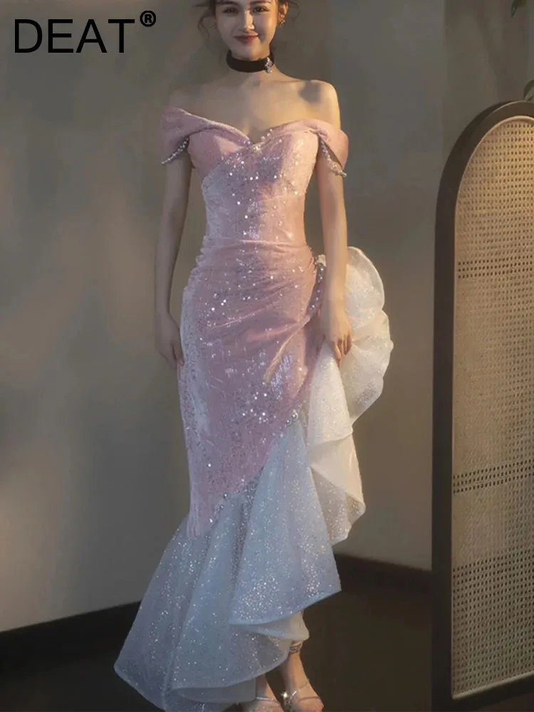 

DEAT Women's Fashion Evening Dress Boat Neck Sleeveless Pearl Sequins Ruffles Patchwork Wedding Dresses Spring 2024 New 13DB4636