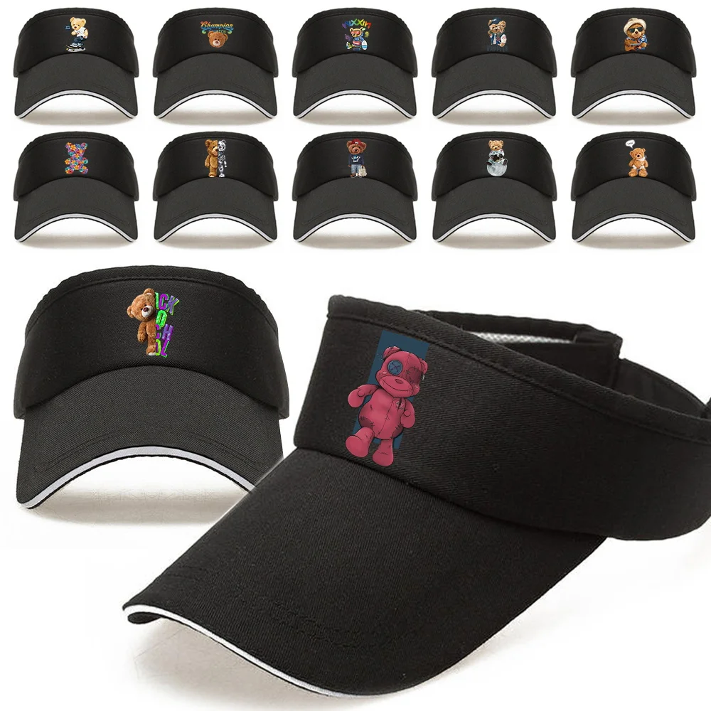 

Summer Breathable UV-proof Sun Hats Men Women's Sports Tennis Golf Baseball Caps Empty Top Hat Bear Print Adjustable Visors Cap