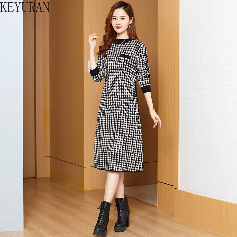 

Vintage Houndstooth Sweater Dress Women 2022 Autumn Winter Elegant Full Sleeve Warm Loose Woman Robe Knee-length Knitted Dresses