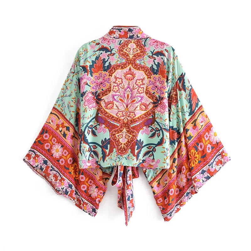 Boho Queens Vintage Floral Print Sashes Short Kimono Women V Neck Batwing Sleeves Ladies Beach Robe Cover-ups