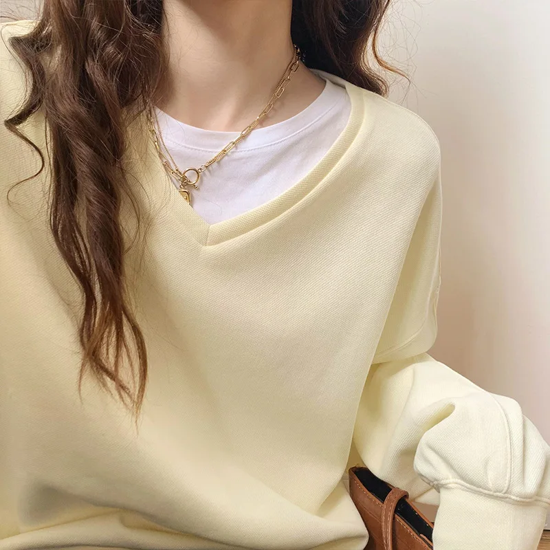 

Sweatshirt Women's Spring and Autumn Thin 2023 New V-Neck Loose BF Lazy Solid Color vintage Top