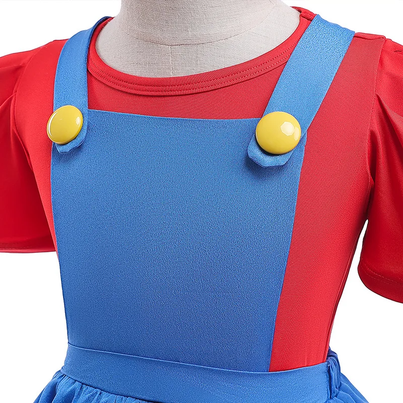 Cosplay Costume Kids Girls Dress Child Cartoon Bros Cosplay Suit Short Sleeve Top+Dress With Hat Girl Halloween Party