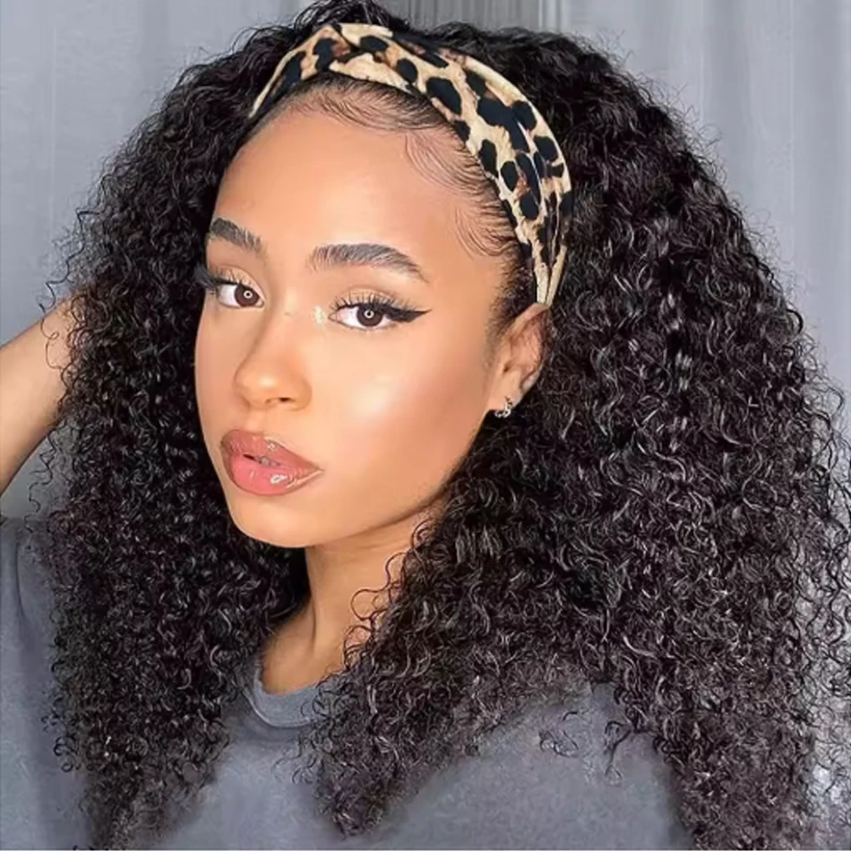 Parrucca con fascia in capelli umani ricci crespi, realizzata a macchina, in capelli umani Remy brasiliani per donna, densità 180%, colore naturale