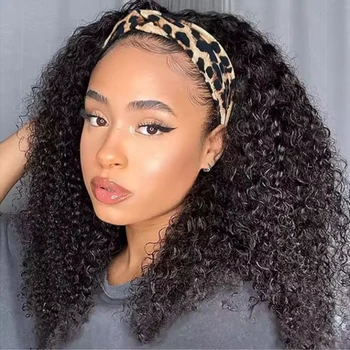 Parrucca con fascia in capelli umani ricci crespi, realizzata a macchina, in capelli umani Remy brasiliani per donna, densità 180%, colore naturale