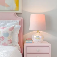 15" Blush Pink Hand-Blown Glass Table Lamp with Velvet Shade, Small Accent Lamp For Girls Bedroom Nightstand, Kitchen Counter 1