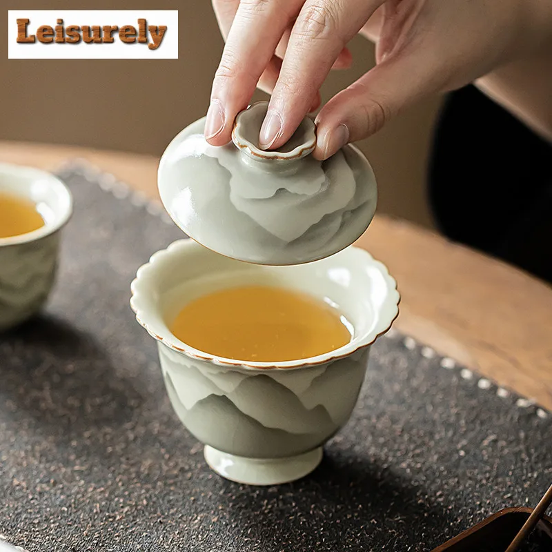 160ml Ru Kiln Ceramic Gaiwan Elegant Mountain Landscape Flower Mourh Tea Tureen Household Tea Maker Cover Bowl Cha Ornaments