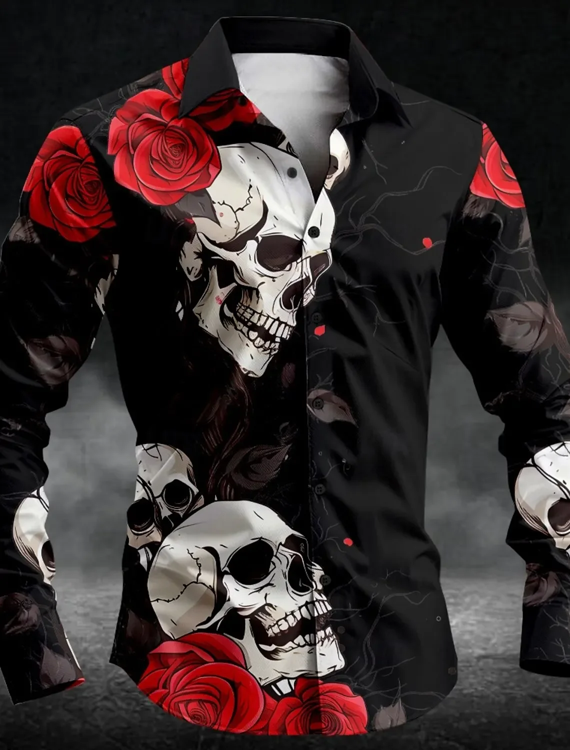 Men's Rose Skull Casual Dark Men's Button-Down Shirt Long Sleeve Party Evening Daily Shirt Collar Button 4